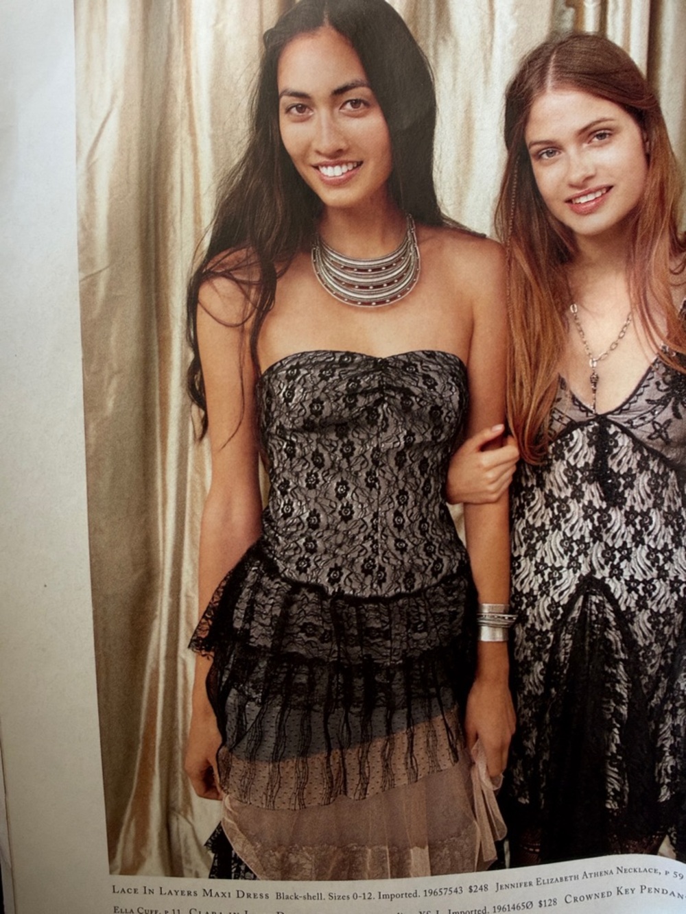 Vintage free people strapless Tiered Lace & Ruffle Maxi dress in Black and tan